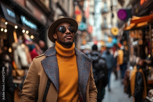 A stylish man walking through a busy street, wearing trendy clothing, with colorful shops and city life bustling around them.