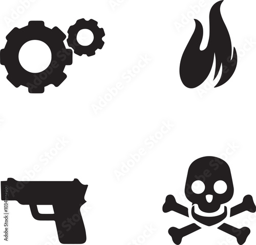 Pistol, Fire, Skeleton Vector icon set 