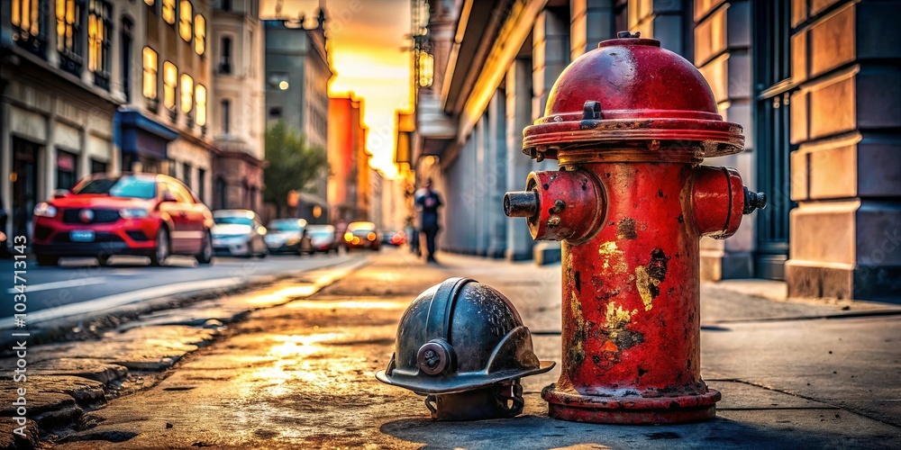 A weathered red fire hydrant stands sentinel beside a discarded hard hat on a city street, the golden glow of sunset casting long shadows across the pavement.