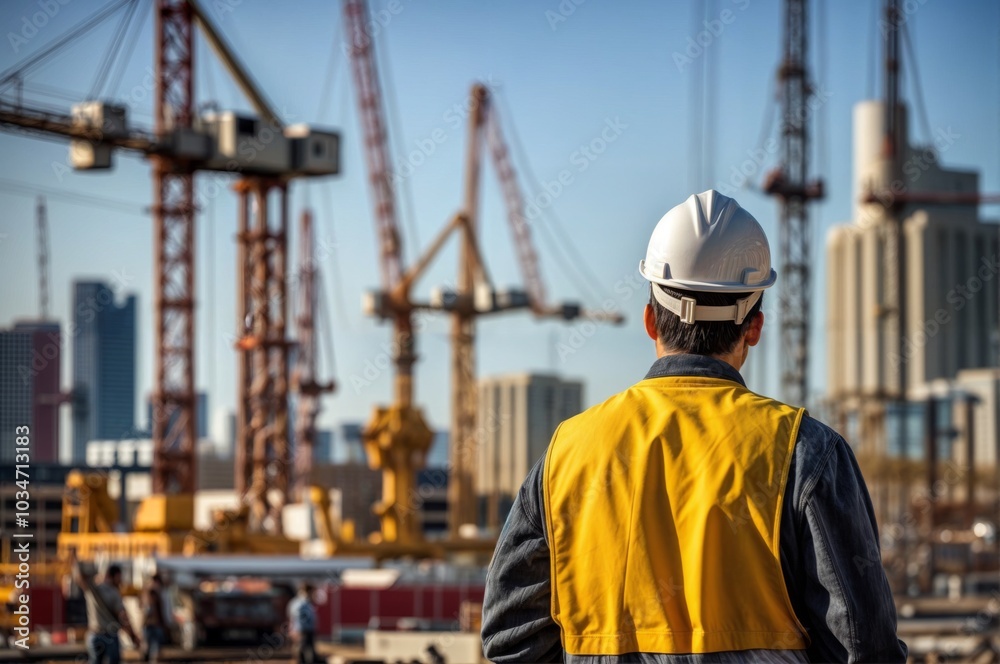 A construction worker in a hard hat and reflective vest observing cranes and buildings at a busy urban construction site.. A construction worker in a hard hat and reflective vest observing cranes and buildings at a busy urban construction site..
