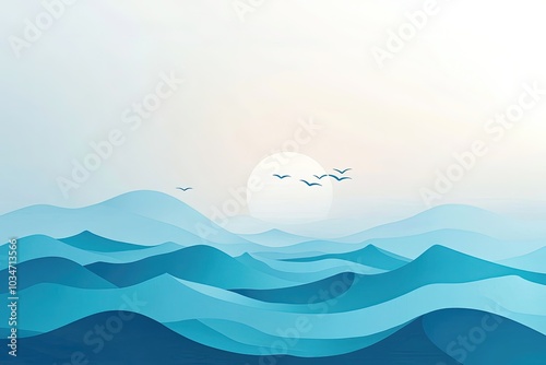 a painting of the ocean with birds flying in the sky