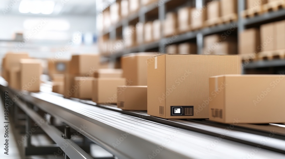 Cardboard boxes on a conveyor belt in a warehouse. Cardboard boxes on a conveyor belt in a warehouse.