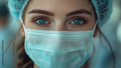 close up of female surgeon wearing surgical mask and cap representing professionalism and dedication in medical setting.image photo