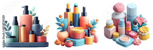 Colorful Cosmetic Products on Transparent Background