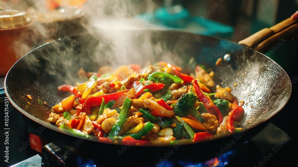 A vibrant stir-fry featuring colorful vegetables, steaming in a wok. The scene captures the essence of cooking with fresh ingredients, showcasing the art of culinary mastery. A vibrant stir-fry featuring colorful vegetables, steaming in a wok. The scene captures the essence of cooking with fresh ingredients, showcasing the art of culinary mastery.