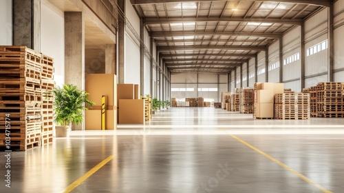 Empty Warehouse Interior with Pallets and Cardboard Boxes.