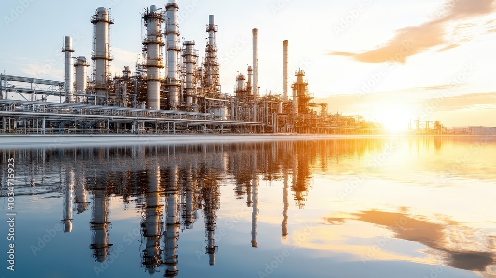 Obraz premium Oil Refinery at Sunset with Reflection.