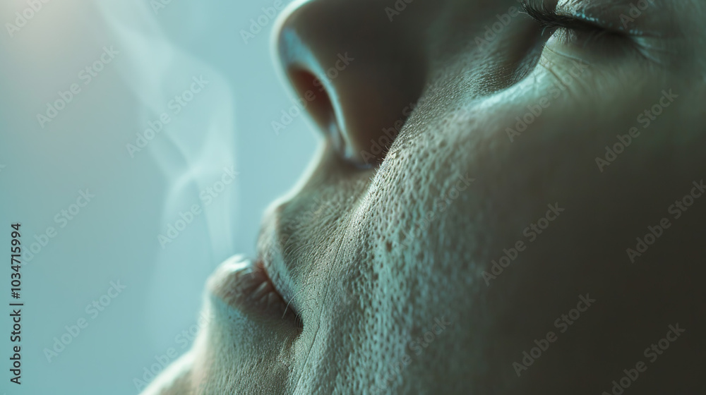 Naklejka premium Close-up of a human nose during inhalation, focusing on the nostril and the breathing action, with a blurred background. This image captures the essence of respiration and the significance of healthy 