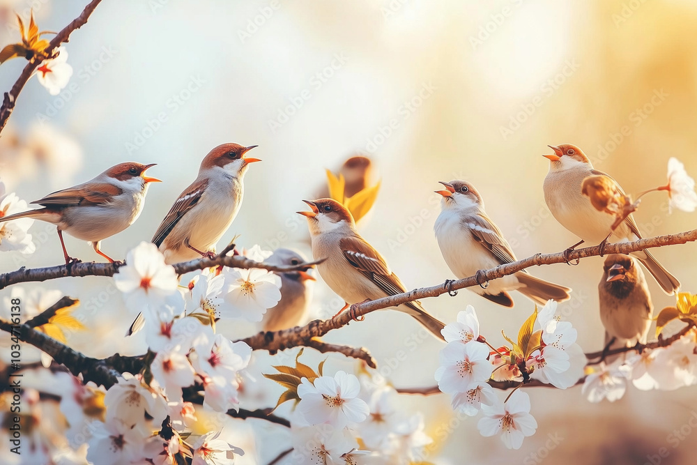 A group of small brown birds singing on a branch of a blooming cherry tree during a sunny spring day