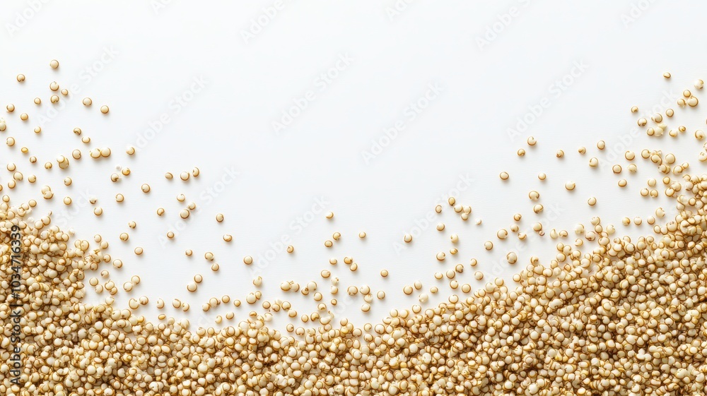 Golden seeds scattered gracefully on a white backdrop, showcasing their natural texture and vibrant color for culinary or health-related themes. Golden seeds scattered gracefully on a white backdrop, showcasing their natural texture and vibrant color for culinary or health-related themes.
