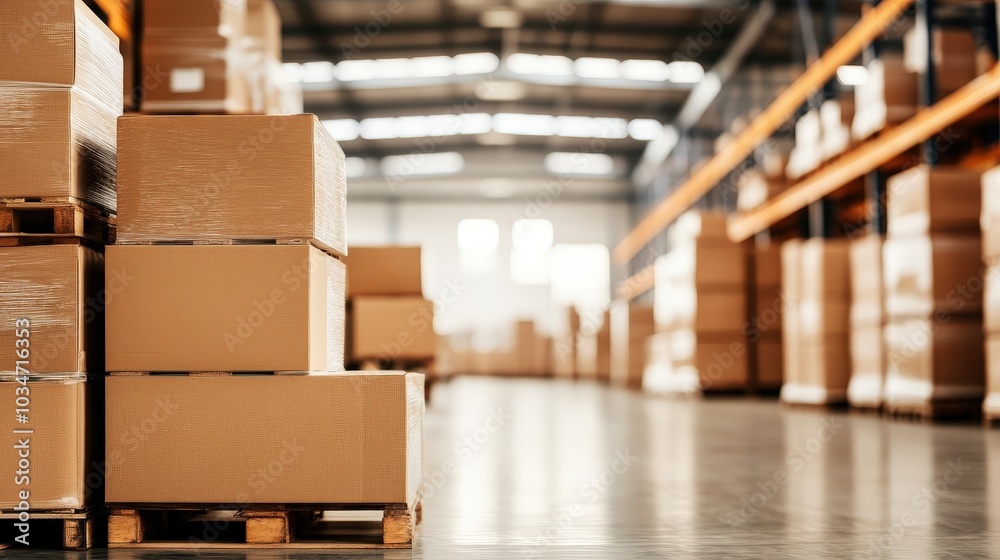 Cardboard Boxes Stacked on Wooden Pallets in Warehouse. Cardboard Boxes Stacked on Wooden Pallets in Warehouse.