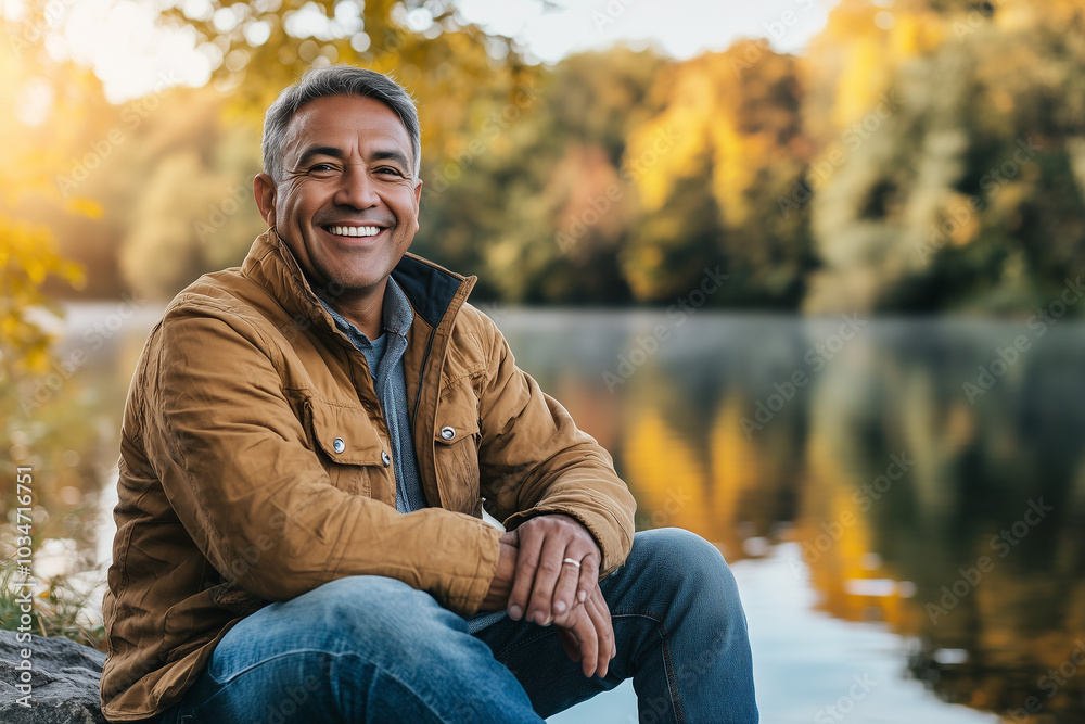 Portrait of a smiling middle-aged man wearing a brown jacket and blue jeans while sitting by a lake with autumn foliage in the background Portrait of a smiling middle-aged man wearing a brown jacket and blue jeans while sitting by a lake with autumn foliage in the background