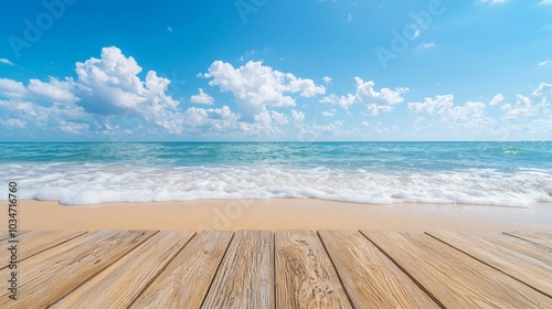 Rustic Wooden Floorboards on Sandy Beach with Serene Ocean View