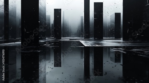 A vast, mirror-like black surface with faint