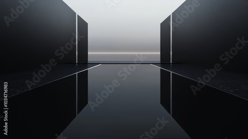 A vast, reflective black surface with abstract