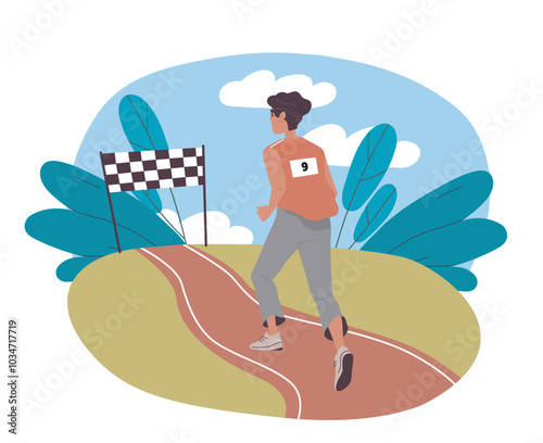 Man runs marathon. Young guy runs to finish line. Active lifestyle and sports. Running competition and tournament. Energetic person. Flat vector illustration isolated on white background