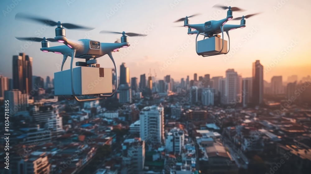 Aerial Drones Transporting Packages Above a Bustling City at Sunset Aerial Drones Transporting Packages Above a Bustling City at Sunset