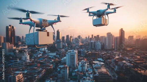 Aerial Drones Transporting Packages Above a Bustling City at Sunset