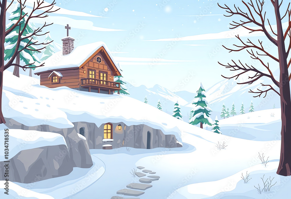 Fototapeta premium cartoon wooden house with snowy landscape illustration