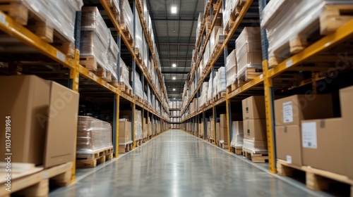 Warehouse Storage Shelves with Cardboard Boxes.