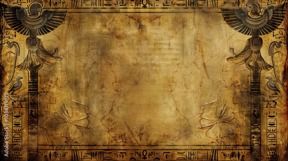 Naklejka premium An aged, textured background with Egyptian hieroglyphs and winged figures.