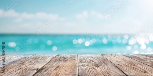 Weathered Wooden Table with Distinct Grain Pattern by the Sparkling Turquoise Sea