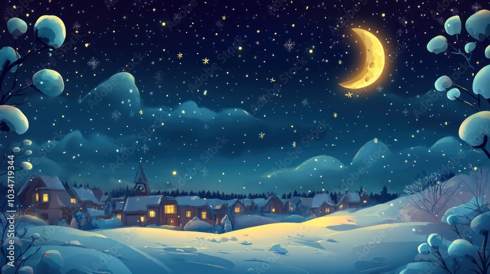 Naklejka premium Christmas night sky background with twinkling stars, the moon glowing over a snowy landscape, and a festive atmosphere.