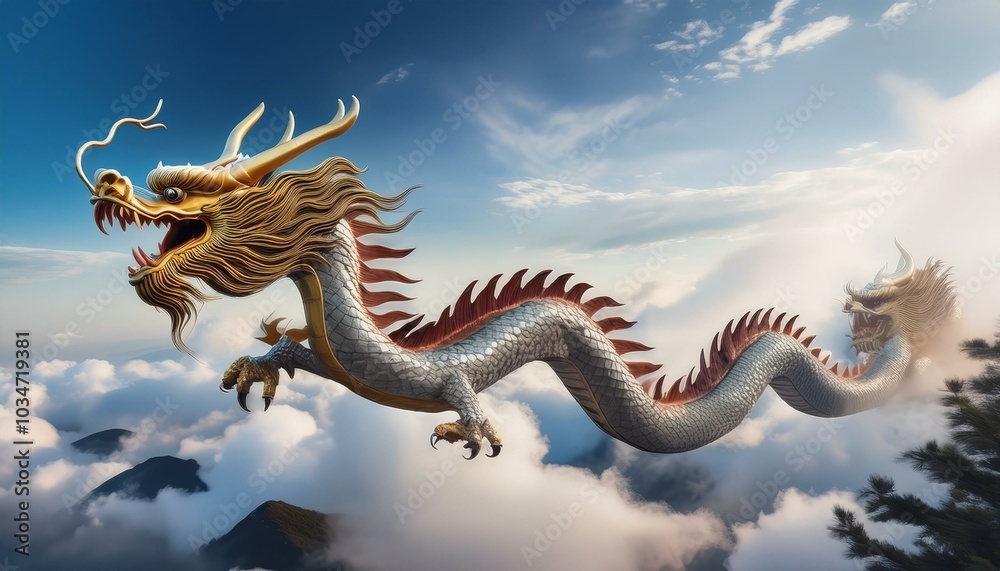 Obraz premium Chinese dragon flying high above and in the clouds; a Chinese mythical creature flying among the clouds; fairytale and mythology; 3D illustration of a Chinese dragon flying in the skies