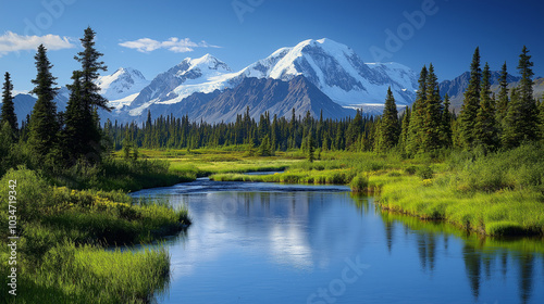 A scenic view of Denali National Park, featuring its towering peaks and vast wilderness, symbolizing exploration and celebration on Alaska Day