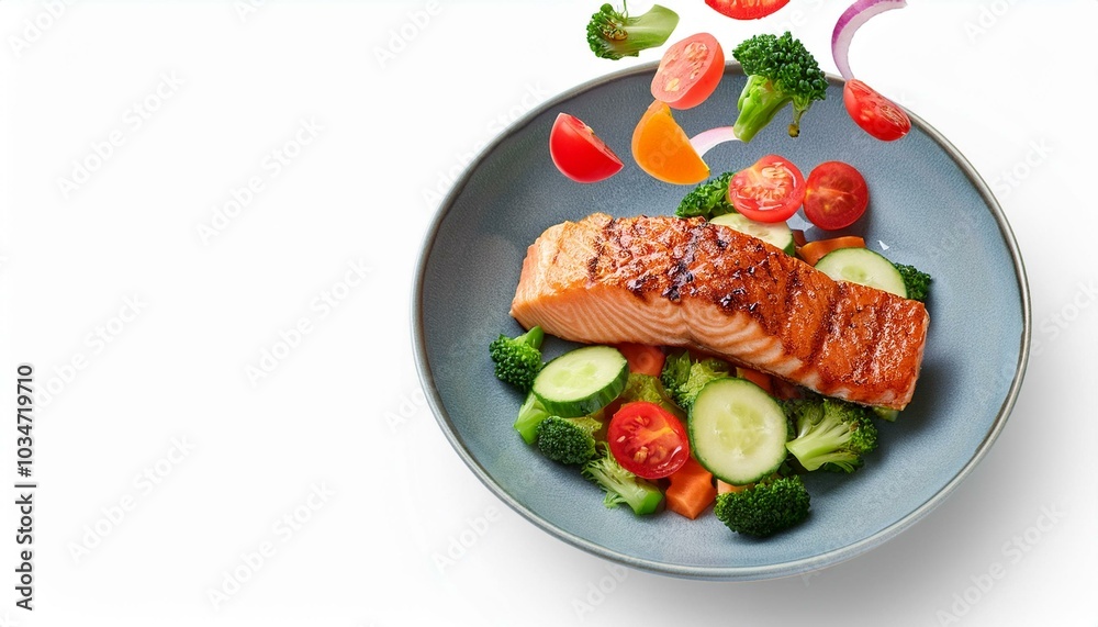 A healthy and delicious plate of salad with salmon fillet in a plate; a plate of nutritious salmon salad with white background; food photography; health and nutrition; A healthy and delicious plate of salad with salmon fillet in a plate; a plate of nutritious salmon salad with white background; food photography; health and nutrition;