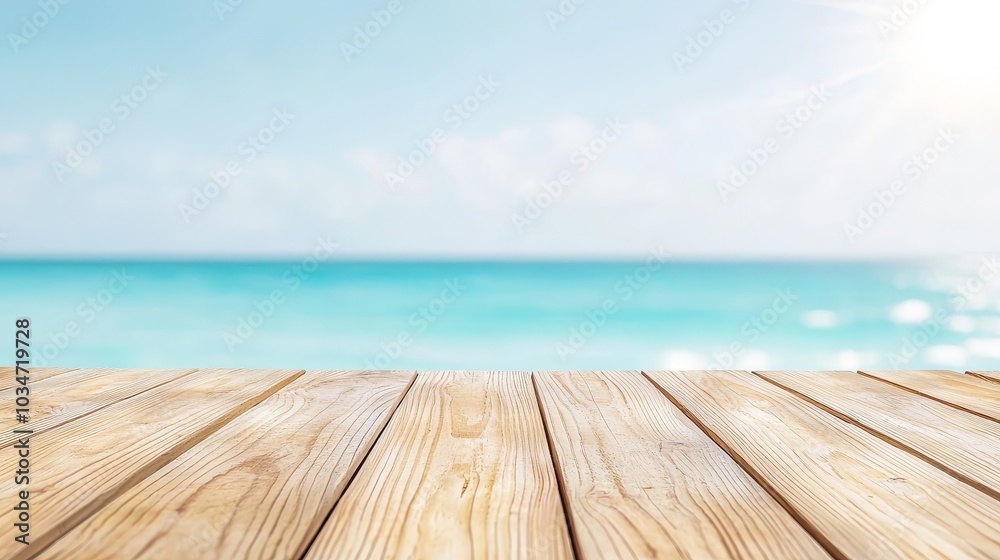 Wooden Planks on Tropical Beach with Serene Ocean View Wooden Planks on Tropical Beach with Serene Ocean View