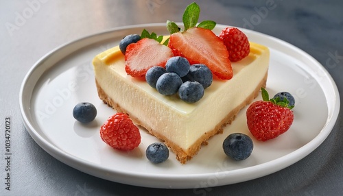 Sliced cheesecake with strawberries and blueberries on a white plate; delicious dessert with a slice of cheesecake or fruit tart or tiramisu on a plate; dessert photography; selective focus