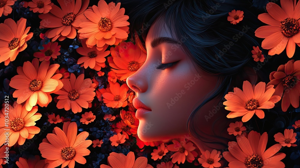 conceptualof mental health issues sad girl surrounded by flowers and floral elements contrast between her melancholic demeanor and the vibrant flor.illustration conceptualof mental health issues sad girl surrounded by flowers and floral elements contrast between her melancholic demeanor and the vibrant flor.illustration