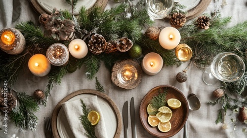 Eco-friendly New Year background with natural elements, earthy colors, and sustainable holiday decor for an environmentally-conscious celebration. photo