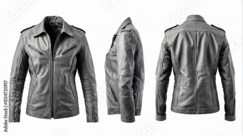 Set of gray front and back view Leather Jacket on white background cutout.