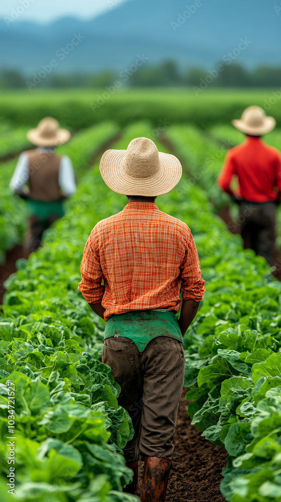 Farmers working in lush green field Farmers working in lush green field