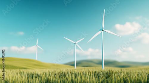 Wallpaper Mural A scenic view of three wind turbines standing tall amidst a lush green landscape under a bright blue sky, embodying renewable energy and sustainability. Torontodigital.ca