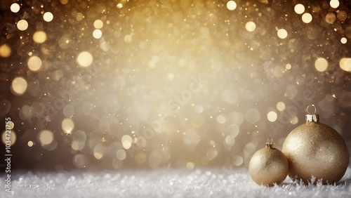 Beautiful golden decorating Christmas balls on snow, set against a yellow and white bokeh blur background with copy space. Ideal for Christmas banners, New Year wishes, and party celebrations.