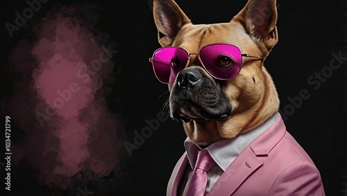Business dog wearing a business suit, tie, and sunglasses in pink theme on a dark background with copy space, ideal for business and pet-themed designs. Perfect for creative branding.