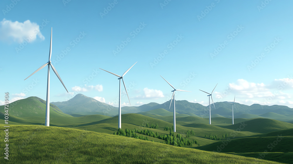 A scenic view of wind turbines on green rolling hills under a clear blue sky, symbolizing renewable energy and sustainable future.