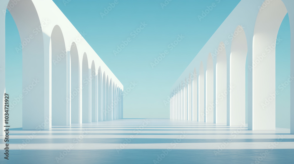 A serene and minimalistic perspective of white arches under a clear blue sky, creating a sense of calm and open space. A serene and minimalistic perspective of white arches under a clear blue sky, creating a sense of calm and open space.