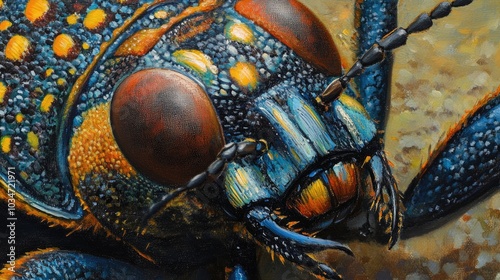 Close up oil painting of Anthaxia hungarica showcasing the intricate details of this jewel beetle photo