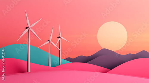 A serene landscape featuring stylized wind turbines against a vibrant pink and orange sunset, showcasing the beauty of renewable energy and nature.