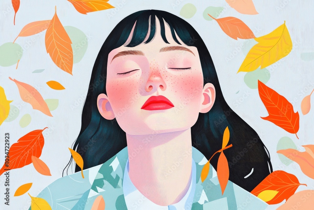 Female portrait illustration Young woman in casual attire surrounded by autumn foliage with yellow leaves Female portrait illustration Young woman in casual attire surrounded by autumn foliage with yellow leaves