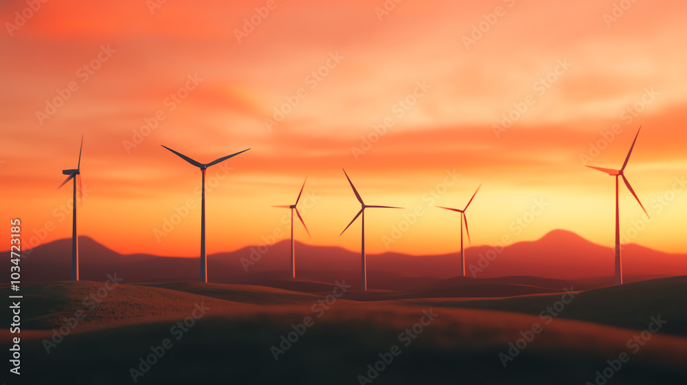 A stunning sunset landscape featuring multiple wind turbines silhouetted against a colorful sky, symbolizing renewable energy and sustainability. A stunning sunset landscape featuring multiple wind turbines silhouetted against a colorful sky, symbolizing renewable energy and sustainability.