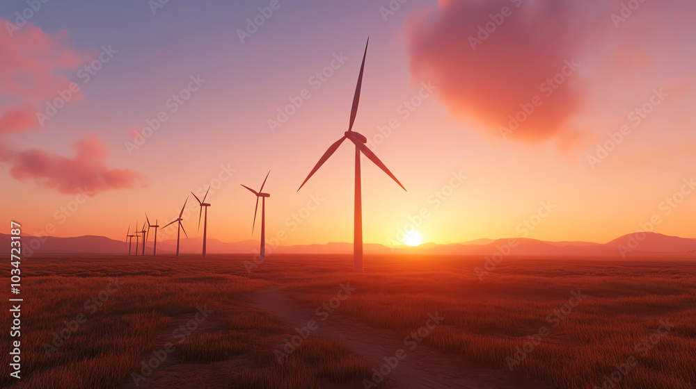 Obraz premium A stunning sunset over a field of wind turbines, showcasing renewable energy. Vibrant colors illuminate the sky as nature meets technology.