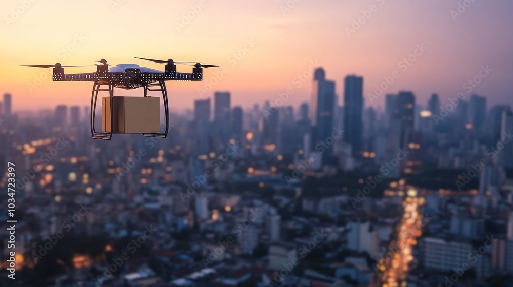 Drone Flying Over City at Sunset Delivering Package Amidst Skyline