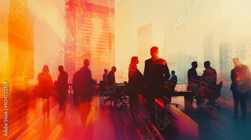 Shadowy double exposure of business people in a collaborative workspace, light beams intersecting