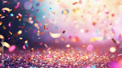 New Year confetti background with glittery streams and colorful sparkles filling the air, creating an exciting festive atmosphere.