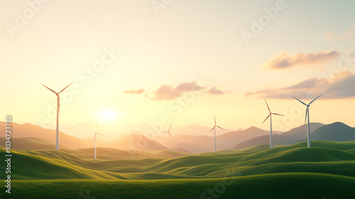 Breathtaking landscape featuring wind turbines on rolling green hills with a beautiful sunset in the background. Represents renewable energy and sustainability.